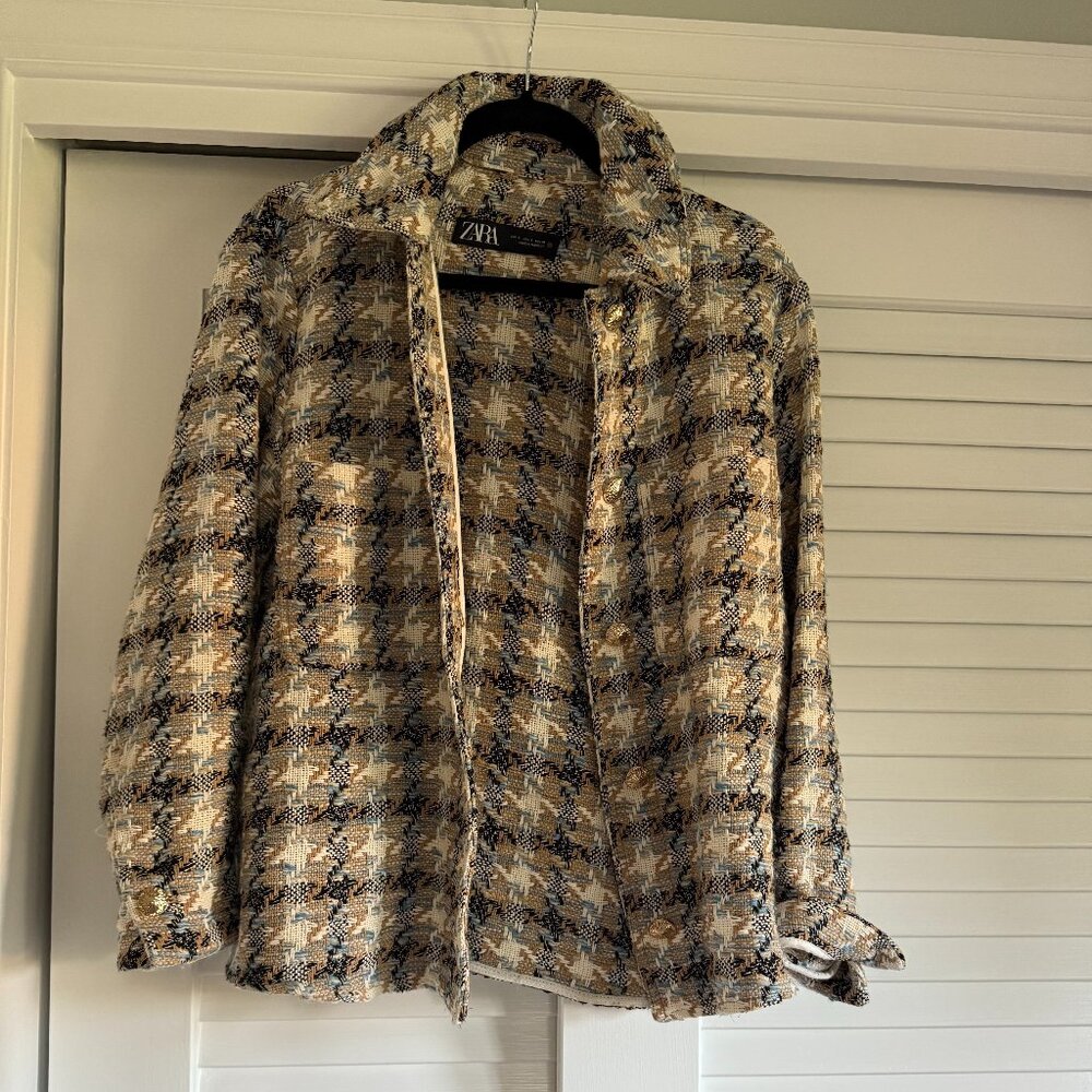 Zara Women's Tweed Jacket/Blazer Beige White Black Pockets Buttons Size Small